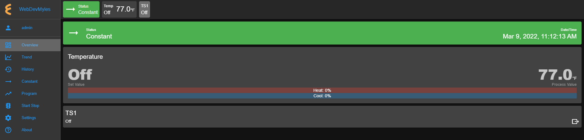 Overview page with chamber in Constant mode