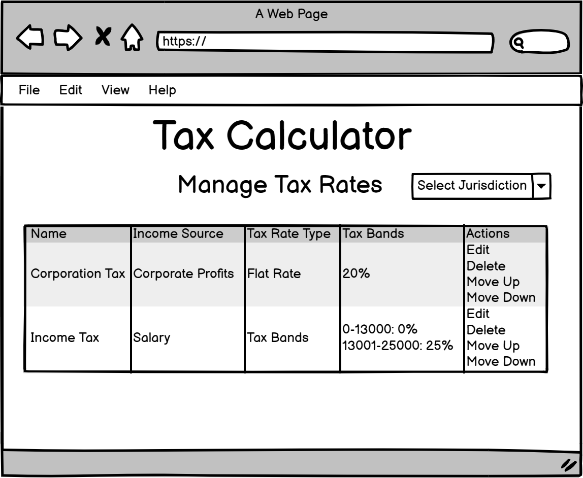 The admin tax rates list wireframe