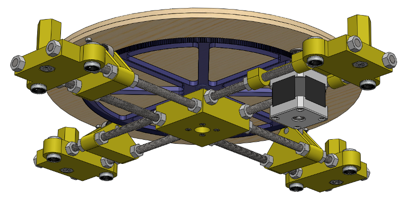 A wooden disk, under which resides a complicated set of motors gears rods and bearings