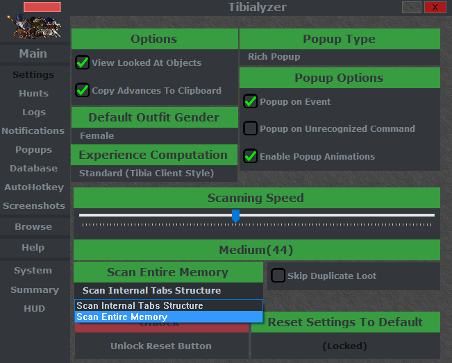 Settings->Scan Entire Memory