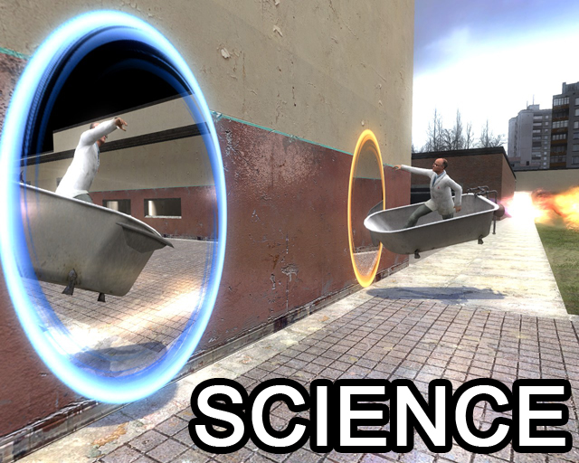 A scientist standing in a rocket powered bathtub going through a portal.