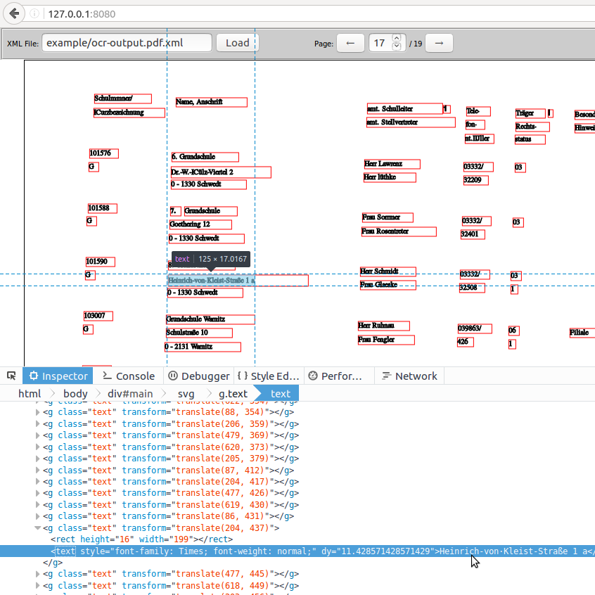 OCR example in pdf2xml-viewer with browser inspection tools