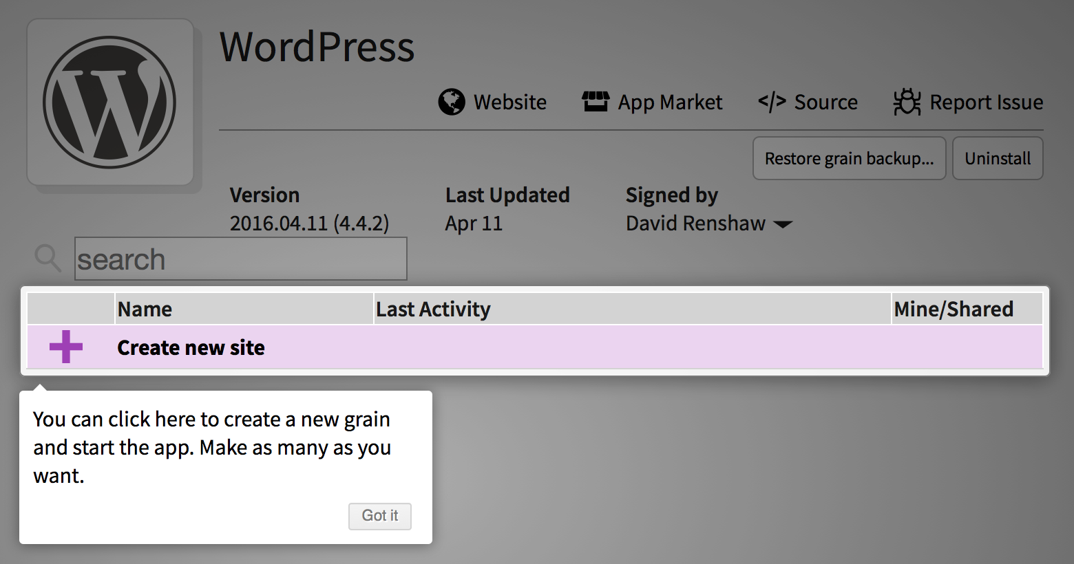 Screenshot of Sandstorm Oasis's WordPress grain configuration screen.