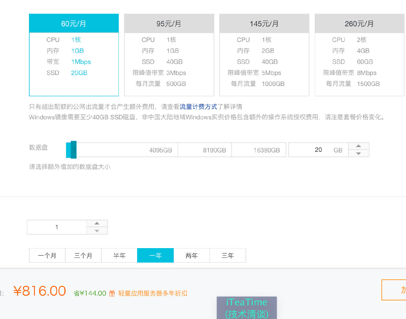 国内某云服务提供商提供的低端套餐价