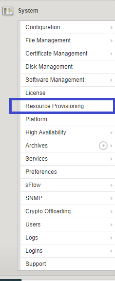 Resource Provisioning menu item