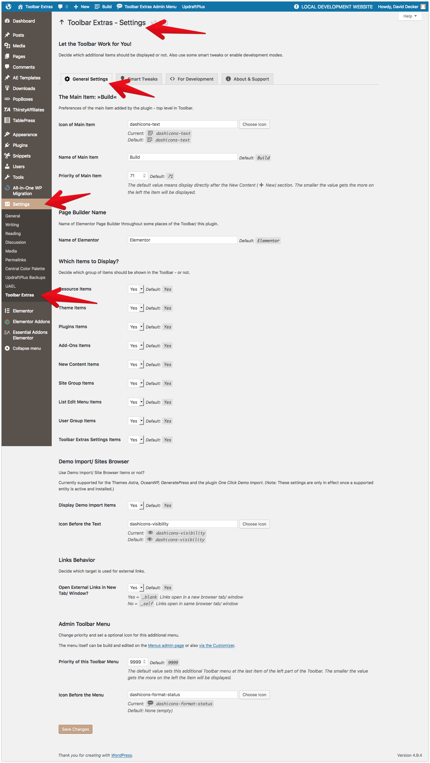Toolbar Extras - plugin's settings page (under "Settings") - tab "General" - all the common settings