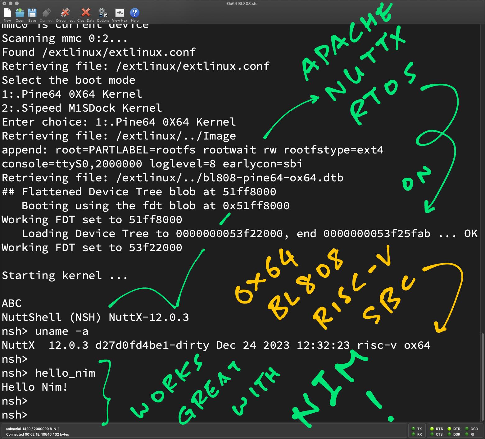 Nim App runs OK on Apache NuttX Real-Time Operating System and Ox64 BL808 RISC-V SBC