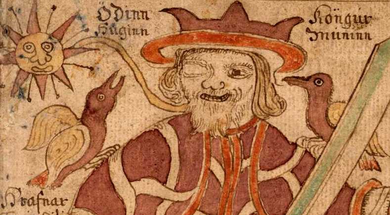 Odin with his ravens as depicted in an old manuscript