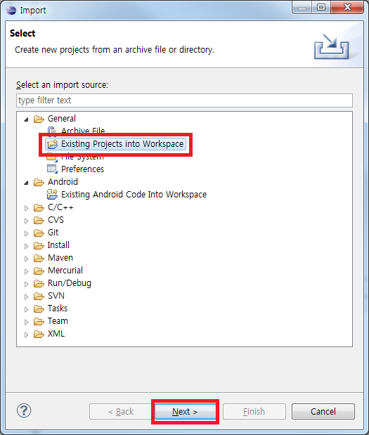 <Existing Projects into Workspace>