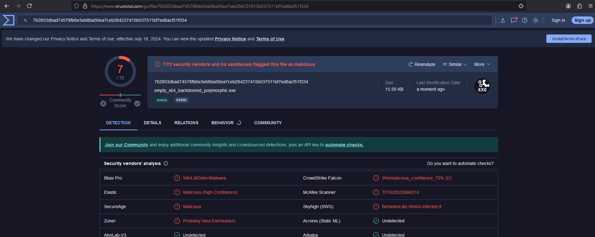 VirusTotal screenshot for x86 backdoored PE with polymorphic shellcode