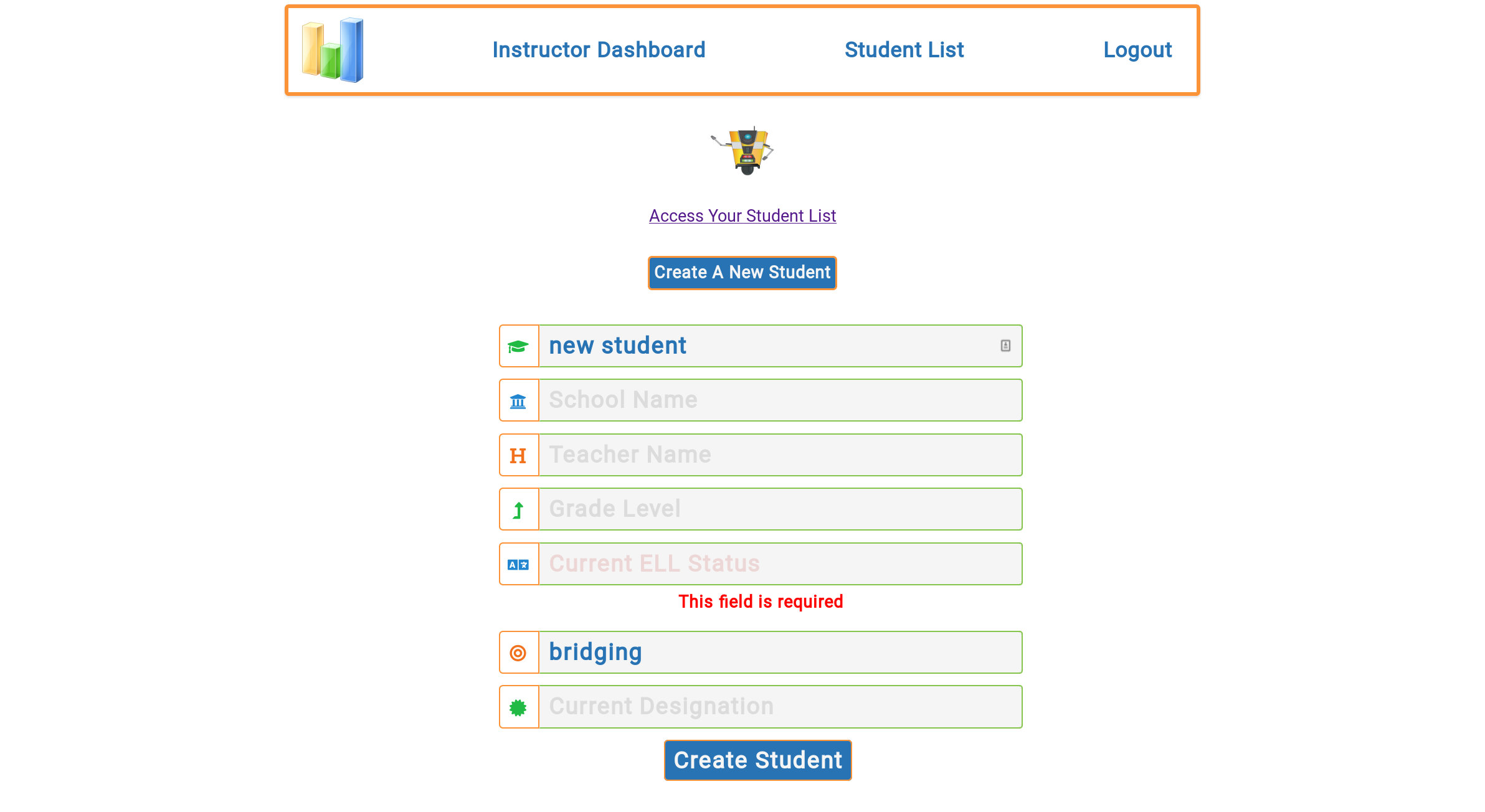 educationELLy Desktop Create Student Page