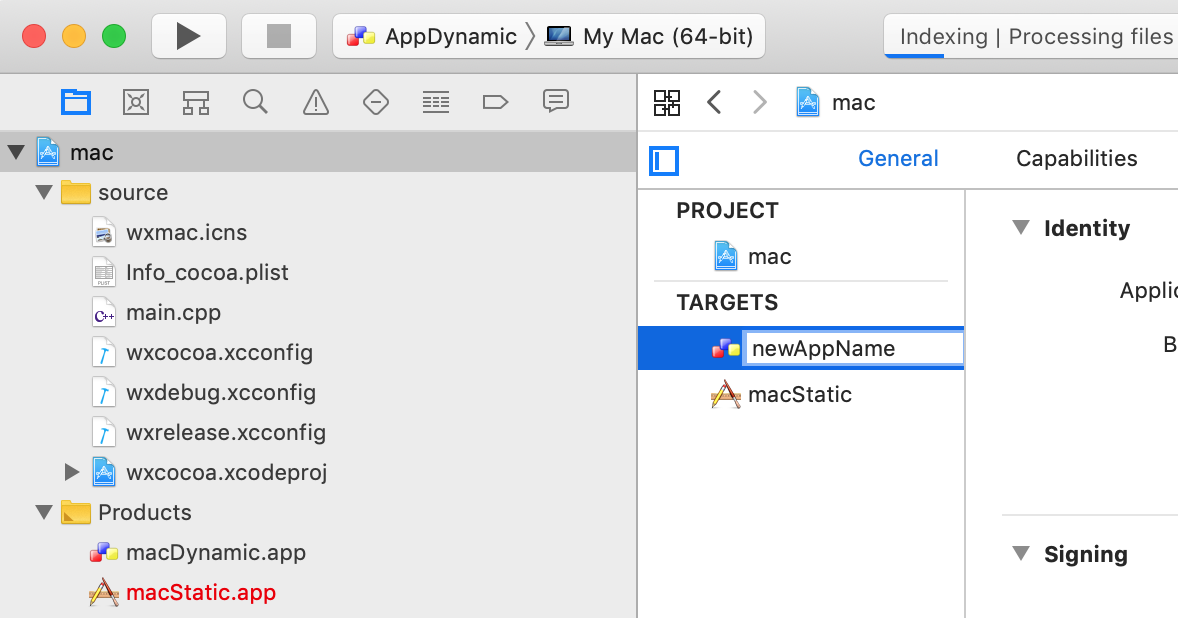 Highligting a renamed macDynamic in the Xcode interface