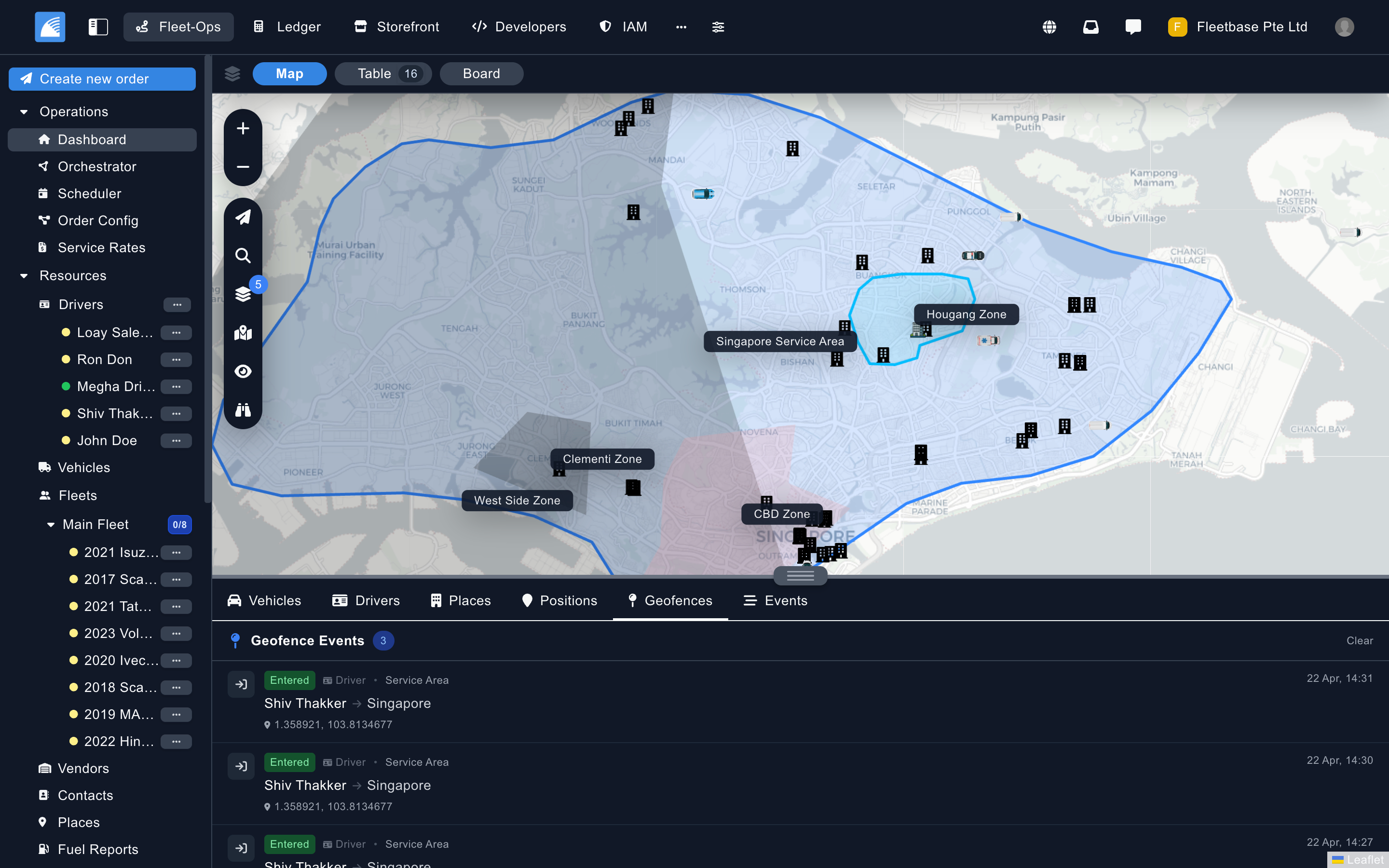 Fleet-Ops service areas, zones, and geofence events
