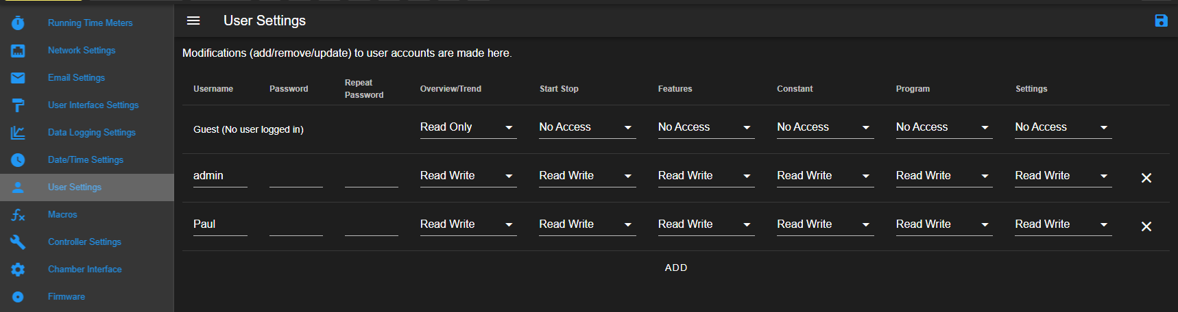 The UI of the User Settings submenu with Show/Hide button activated