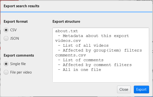 Export modal