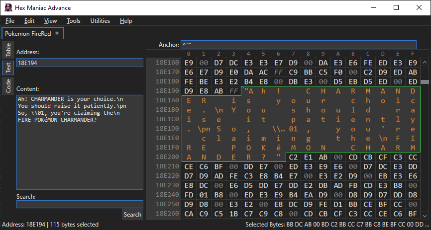 The metadata "" at 18E194 tells HexManiacAdvance that it should expect text data.