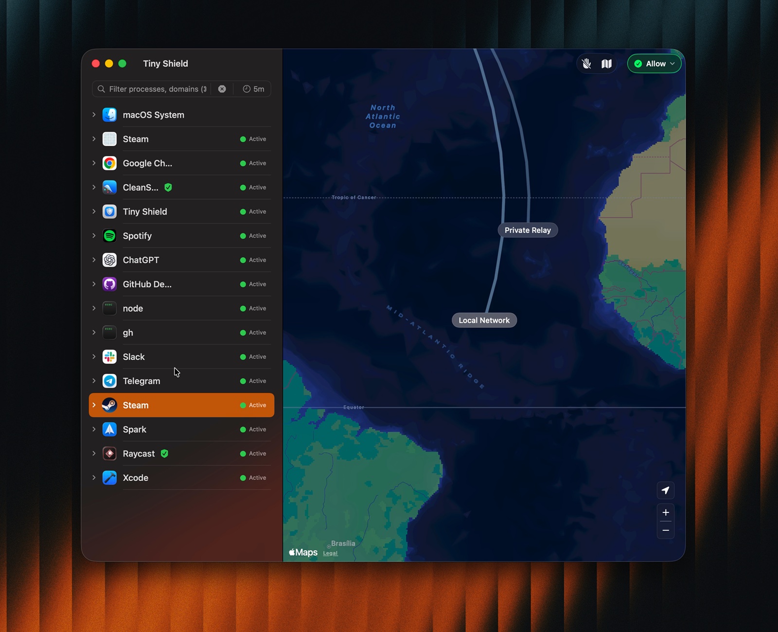 Tiny Shield GeoIP map showing network destinations