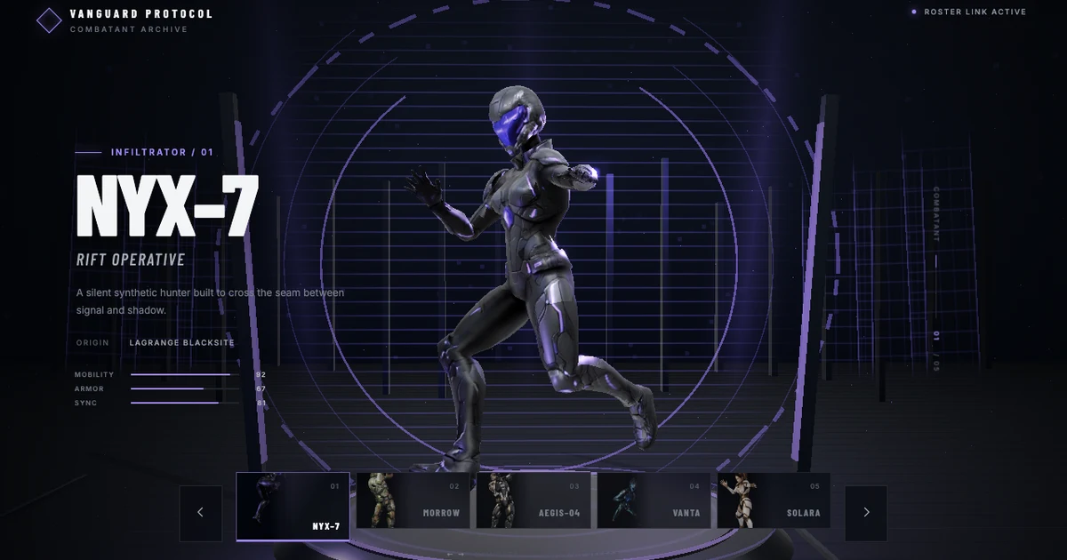 Nyx-7 displayed in the Vanguard Protocol combat roster