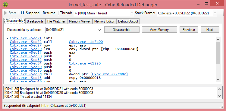 Cxbx-Debugger screenshot at breakpoint