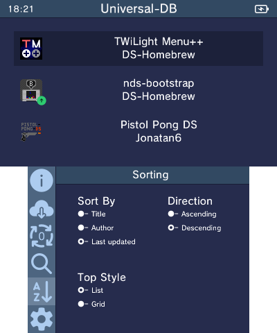 The menu in list mode