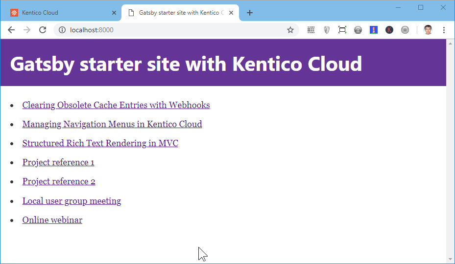 Gatsby starter site with Kentico Cloud