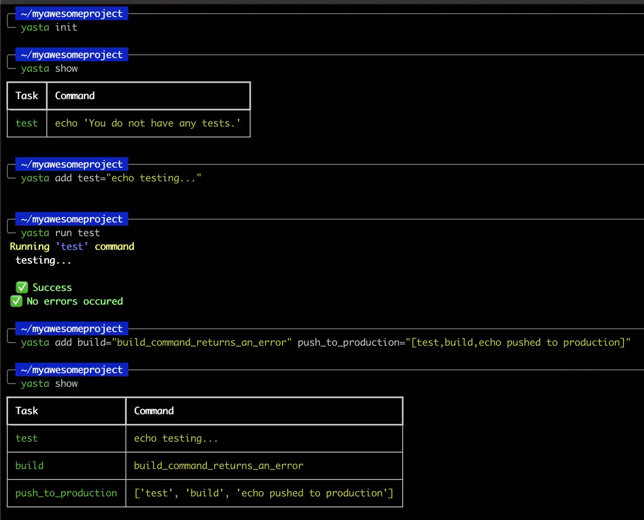 Yasta init, adding and running tasks