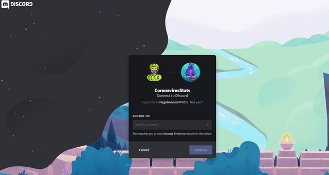 Screenshot of discord site prompting linking of bot to server