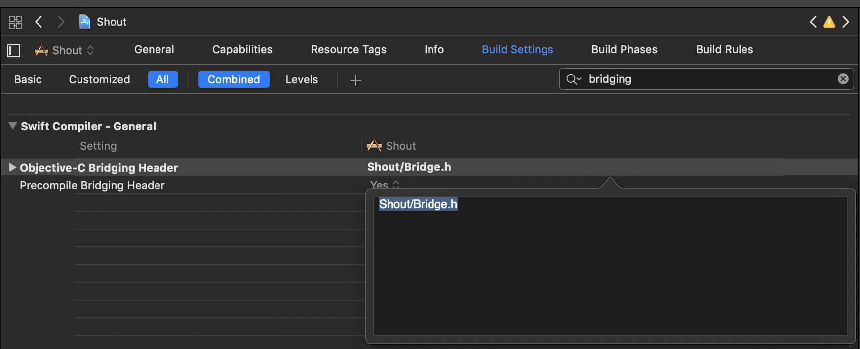 Set bridging header on target