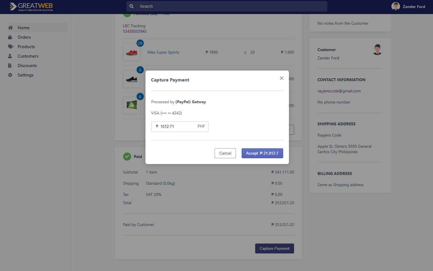 e-commerce admin Single Order Capture Payment