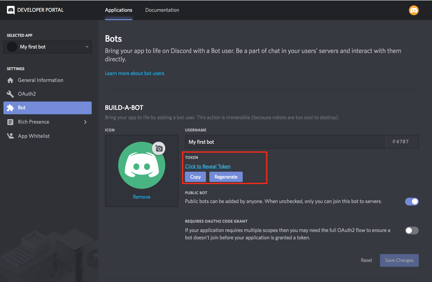 Onde está o token do servidor discord?