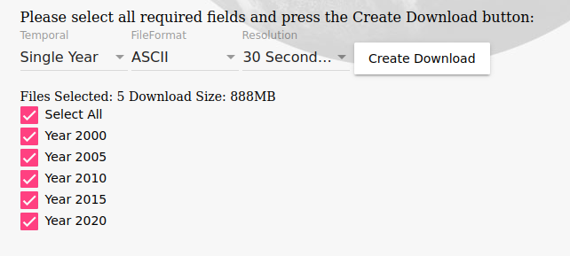 Figure 3: screenshot of the CIESIN website download options for the population count data used in the ODDRIN software