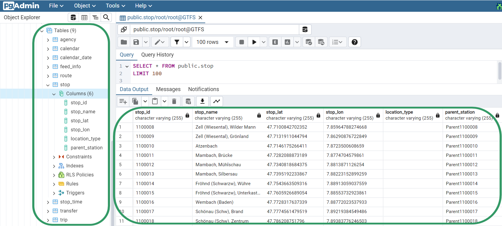 Database with GTFS data