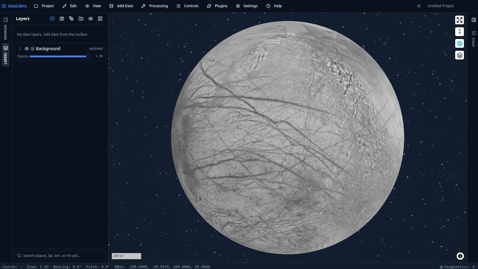 GeoLibre globe view of Europa over a starfield backdrop