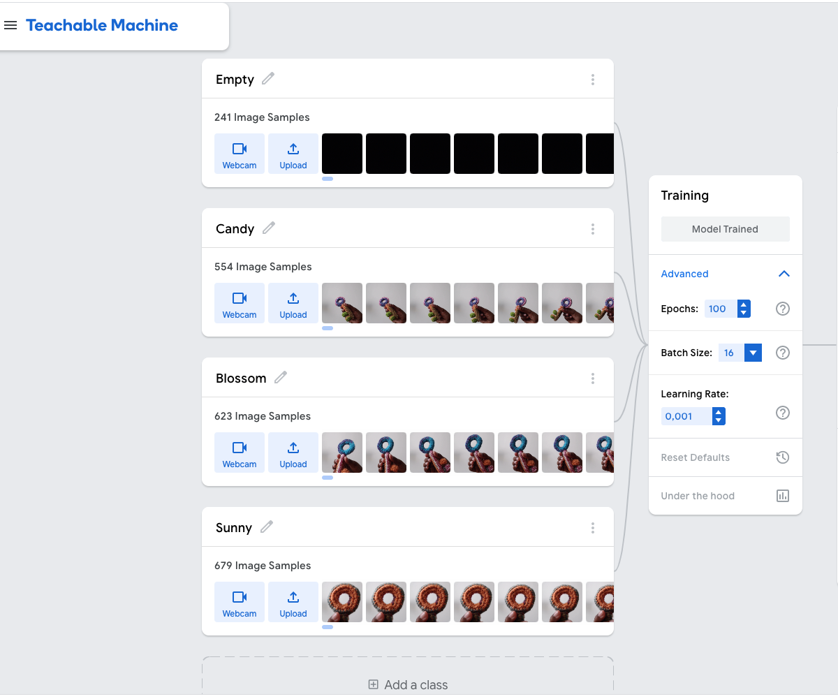 Screenshot of training the Machine Learning model through separate key image classes on Teachable Machine