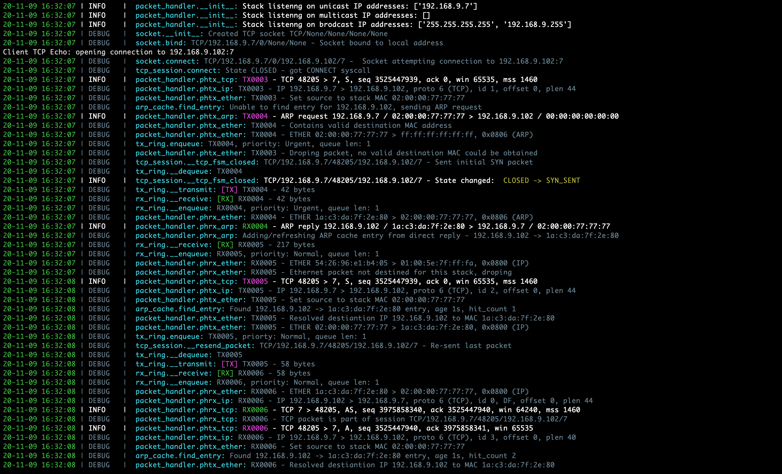 Sample PyTCP log output