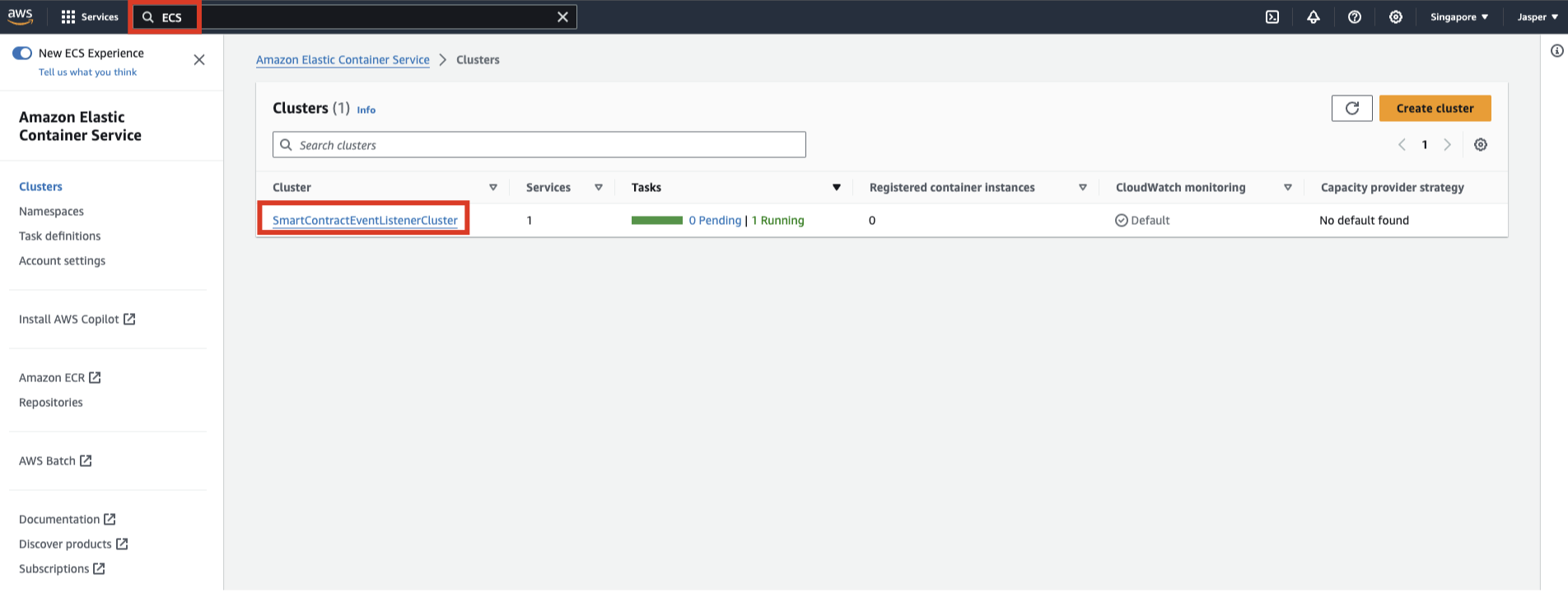 AWS Console ECS Dashboard