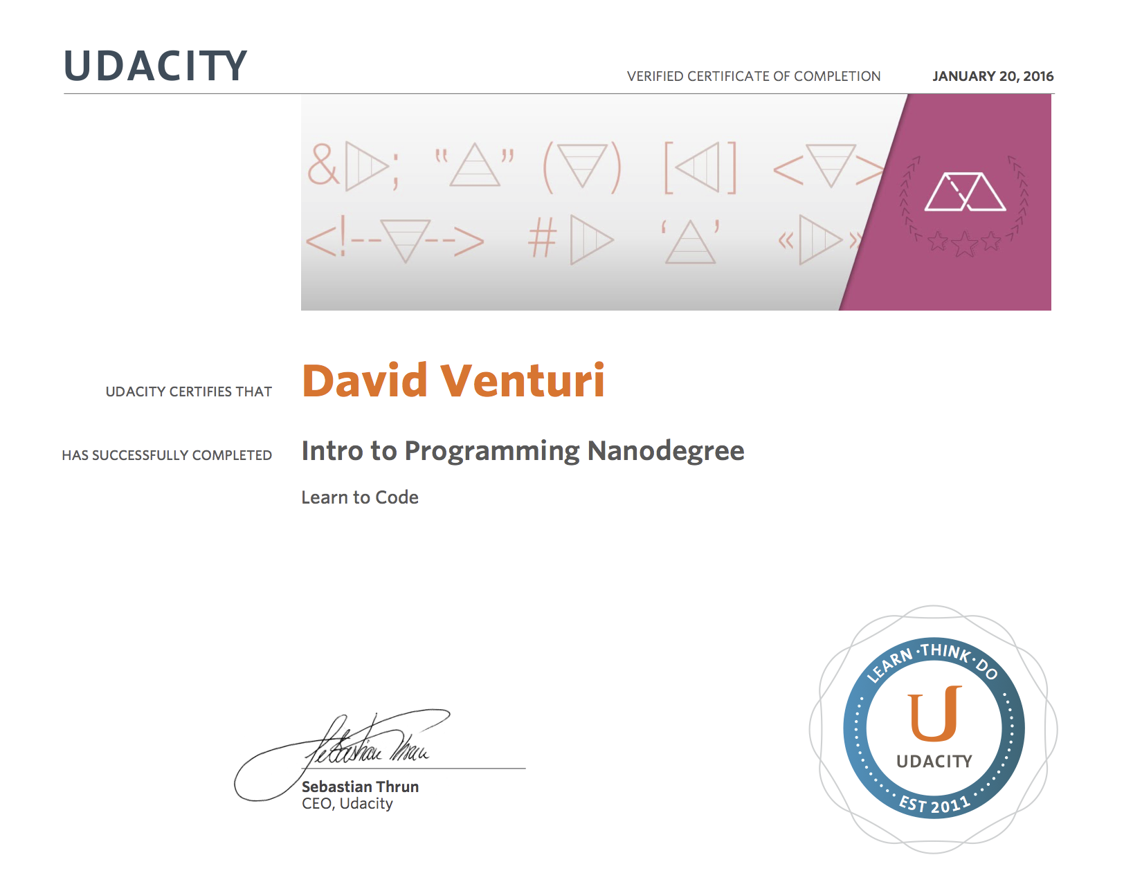 Udacity Intro to Programming Nanodegree Certificate