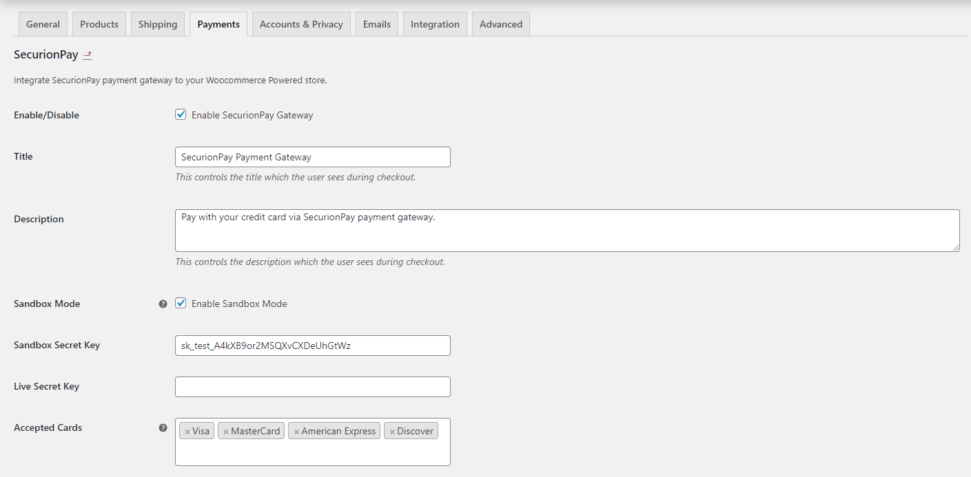 Payment Gateway Settings Page