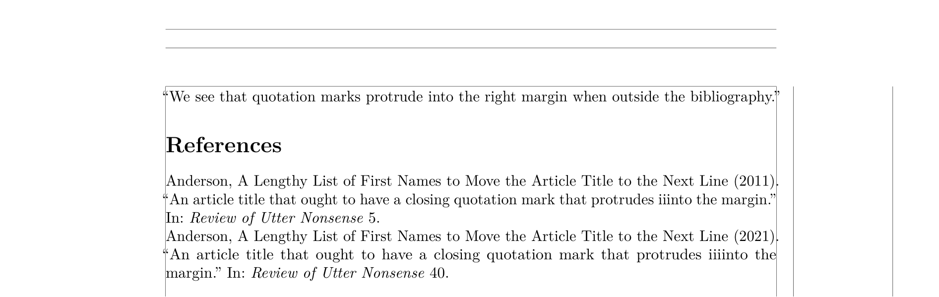 Screenshot of MWE showing how closing quotation marks don't protrude into the right margin