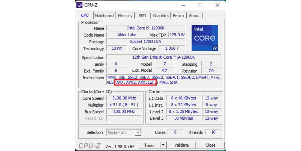 CPU-Z showing AVX-512