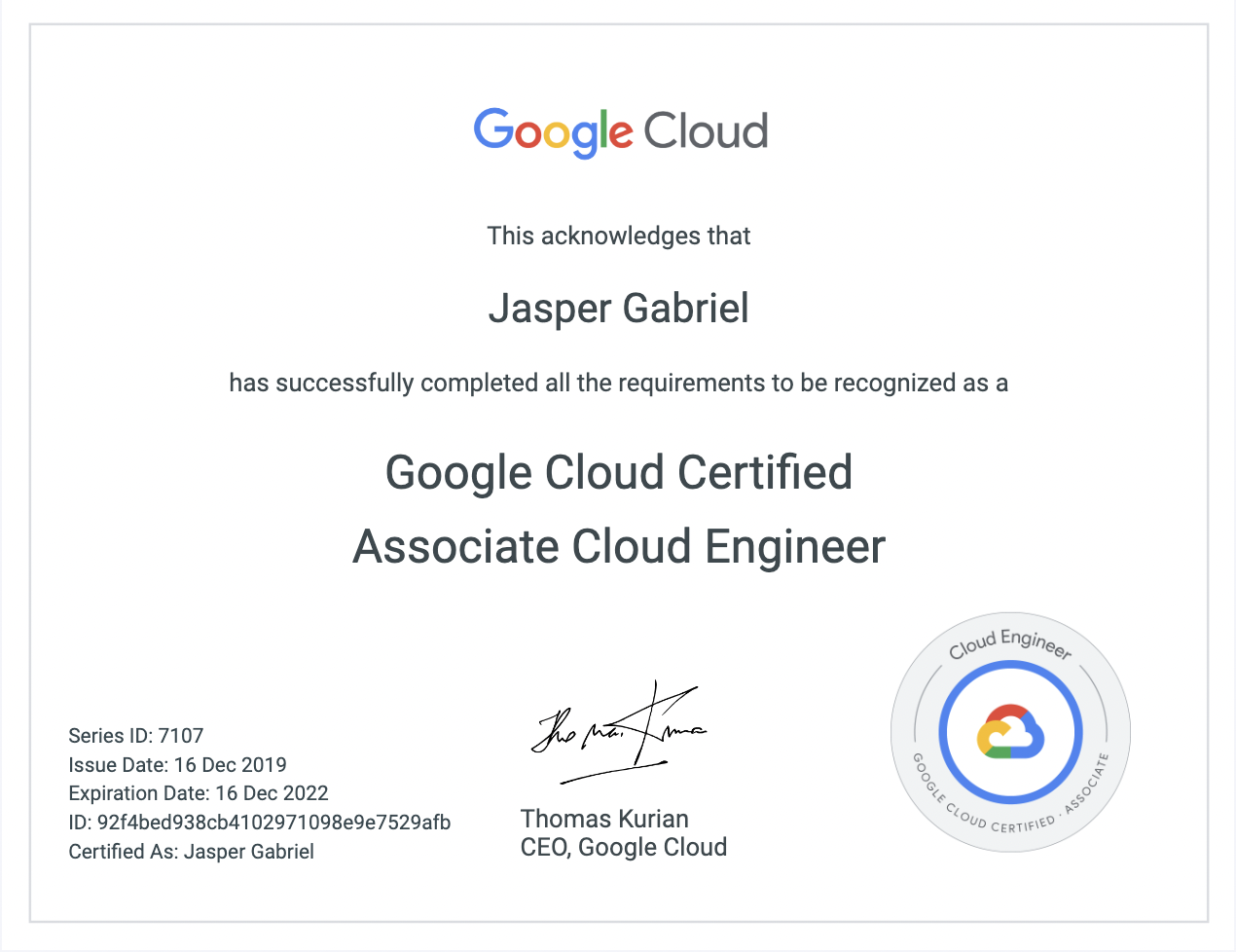 Google Cloud Certified Associate Cloud Engineer certificate