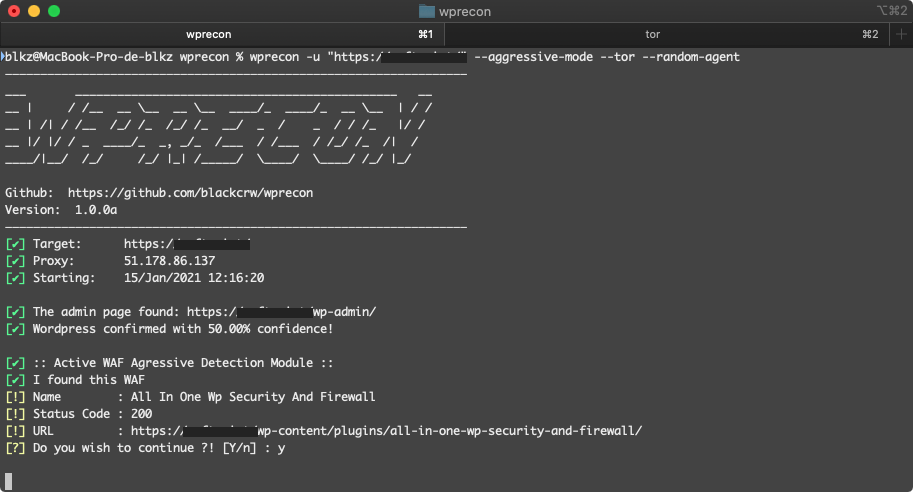 wprecon -u https://xxxx.com/ --agressive-mode --tor --random-gent