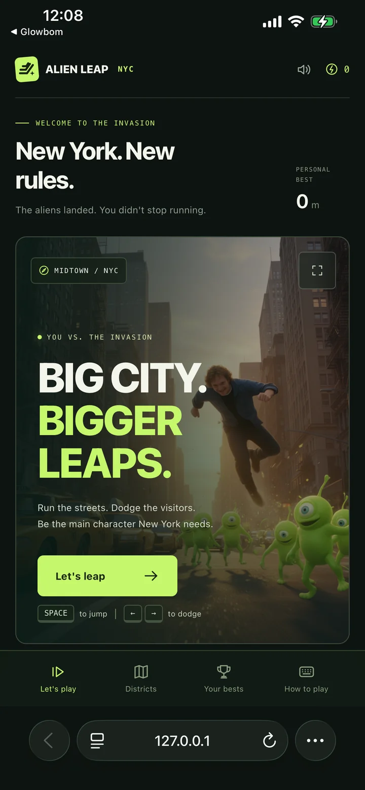 Alien Leap NYC, a game made with Glowbom, running in the iPhone browser