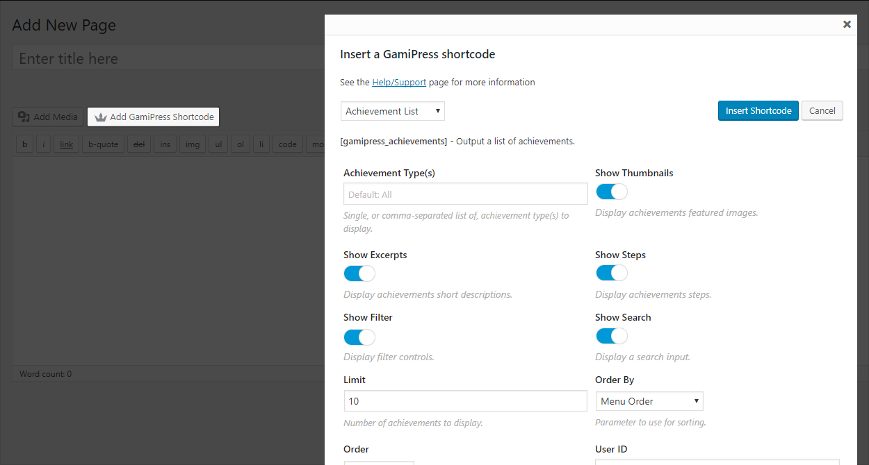 Live shortcode editor appears in the toolbar of all WordPress content editor areas, allowing you to transform any page or post into part of your gamification system without referencing any of the shortcodes