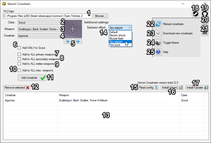 Venom Crosshairs beta 12.0 buttons and settings