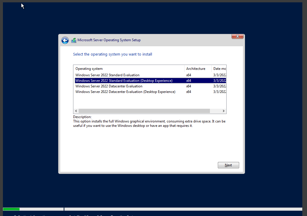 Selecting Desktop Experiene Windows Server 2019.