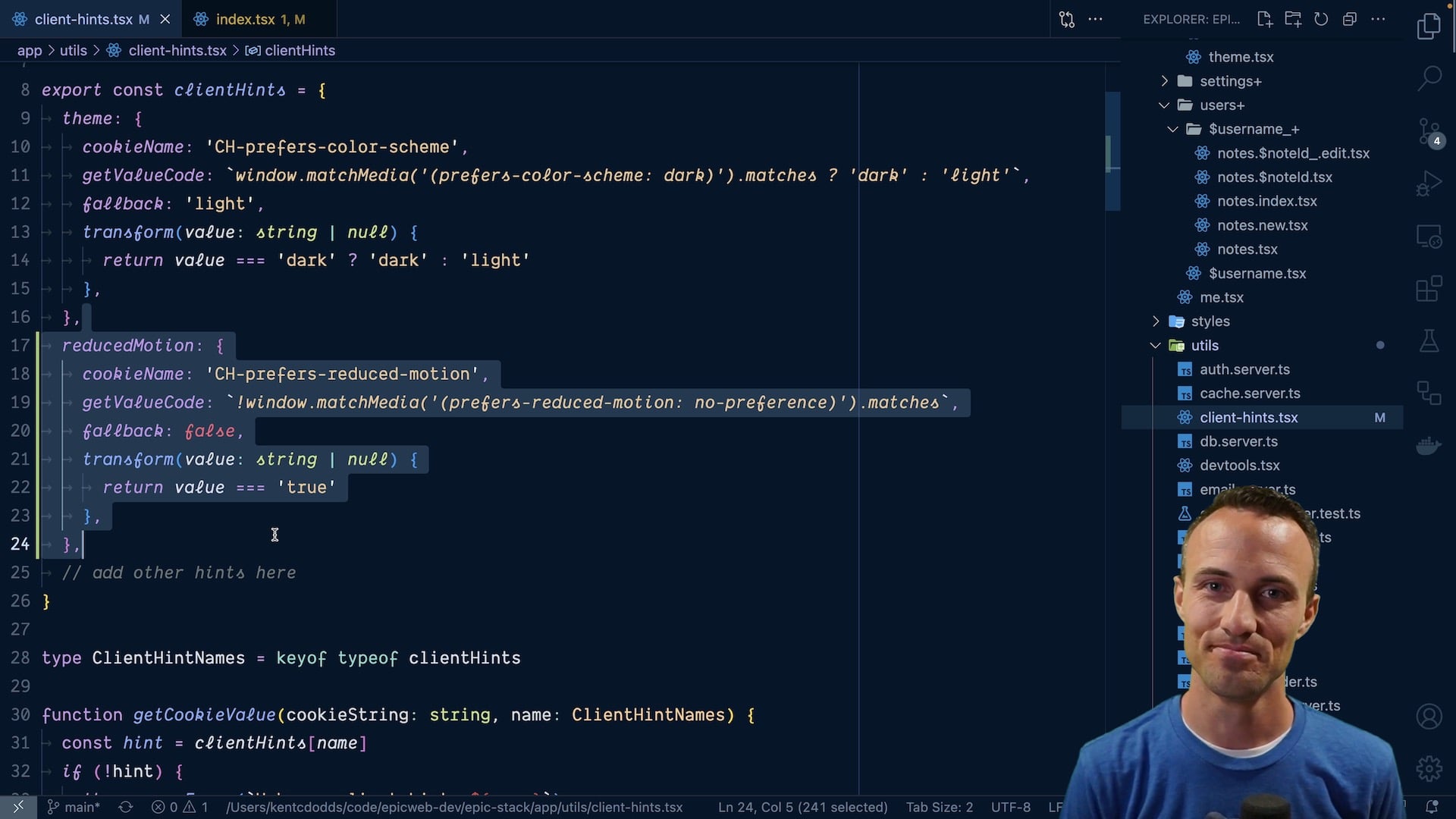 Kent smiling with VSCode showing code in the client-hints.tsx file