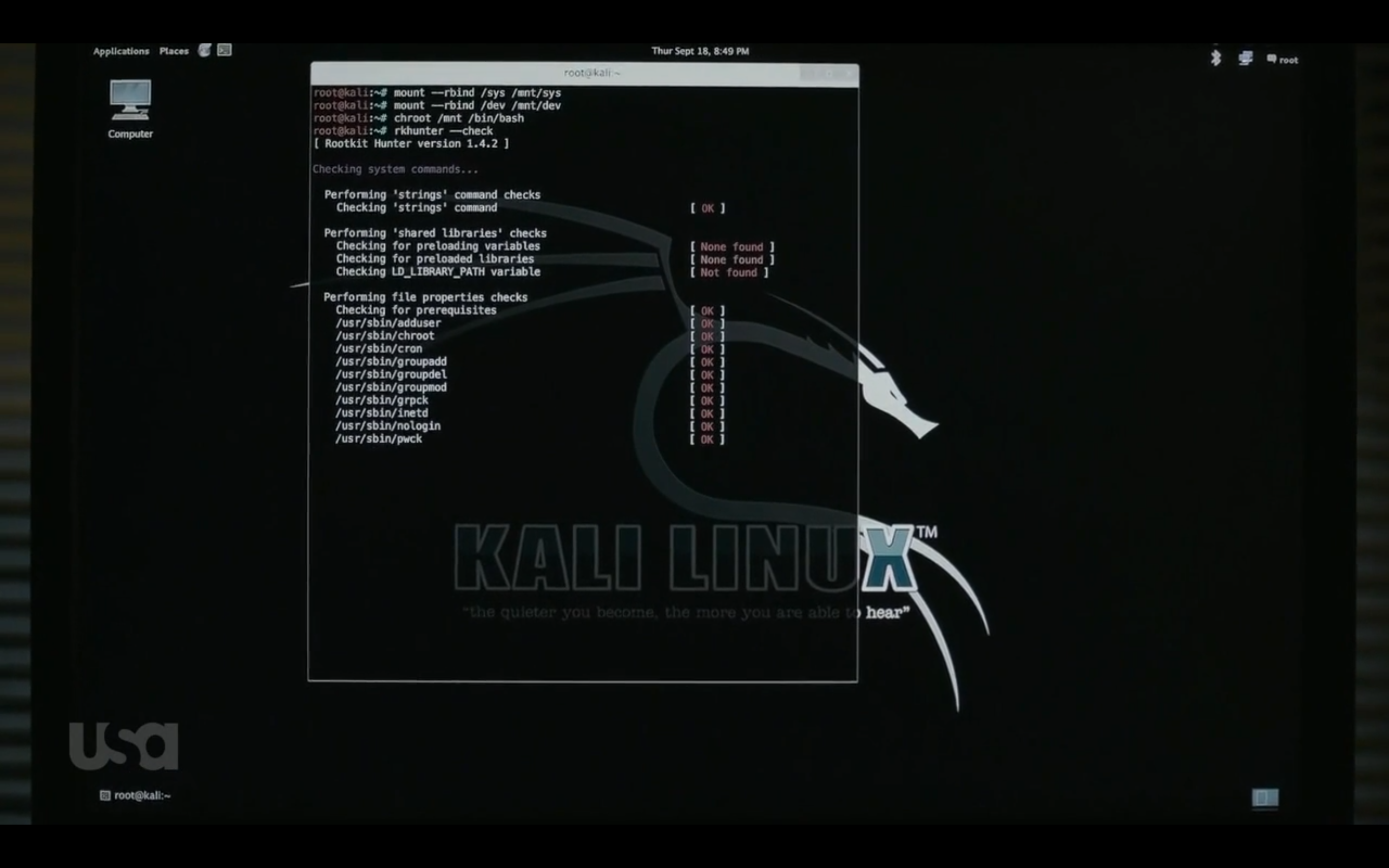 Screenshot of rkhunter running on a Kali Linux system.