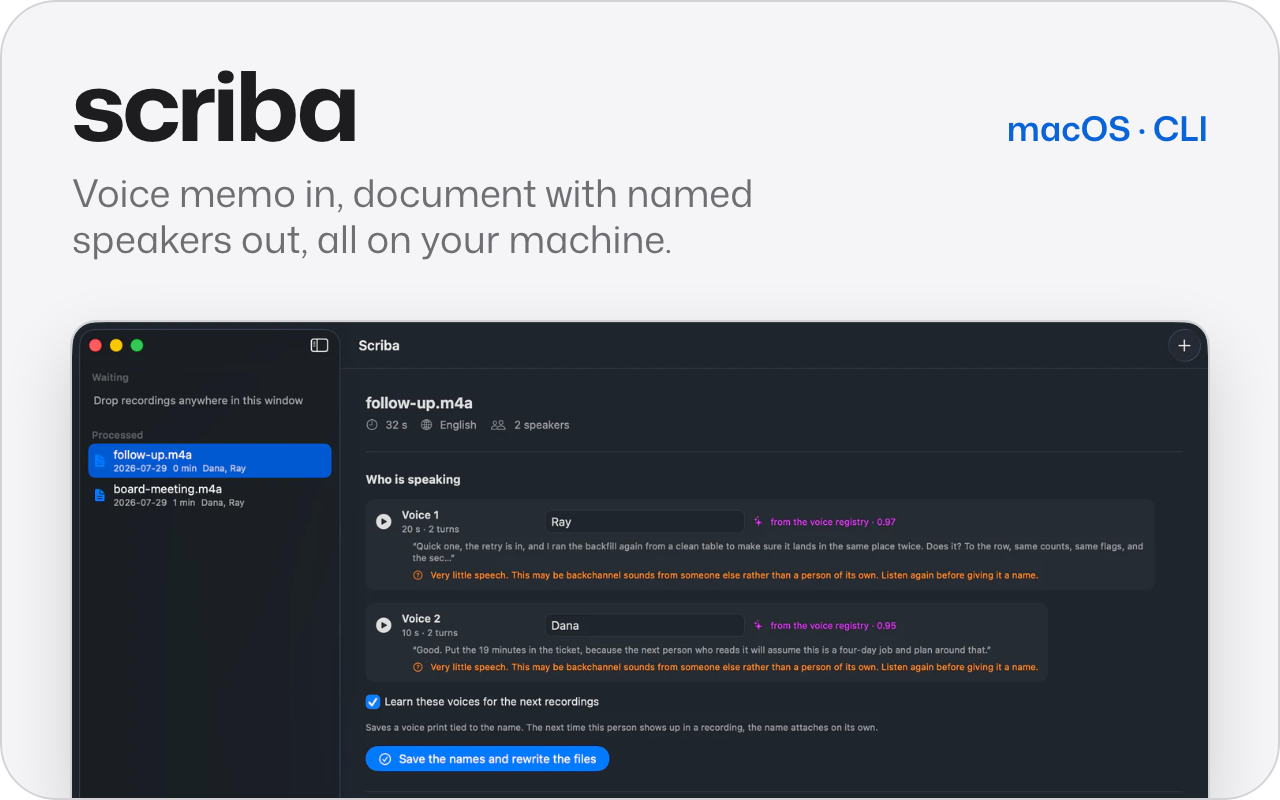 scriba. Voice memo in, document with named speakers out, all on your machine. Shows the Mac window where the two voices of a recording are named, with the transcript below.