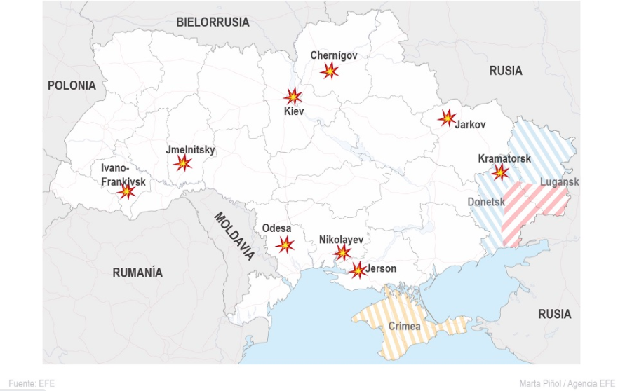 Infografía que muestra los lugares atacados de Ucrania por Rusia